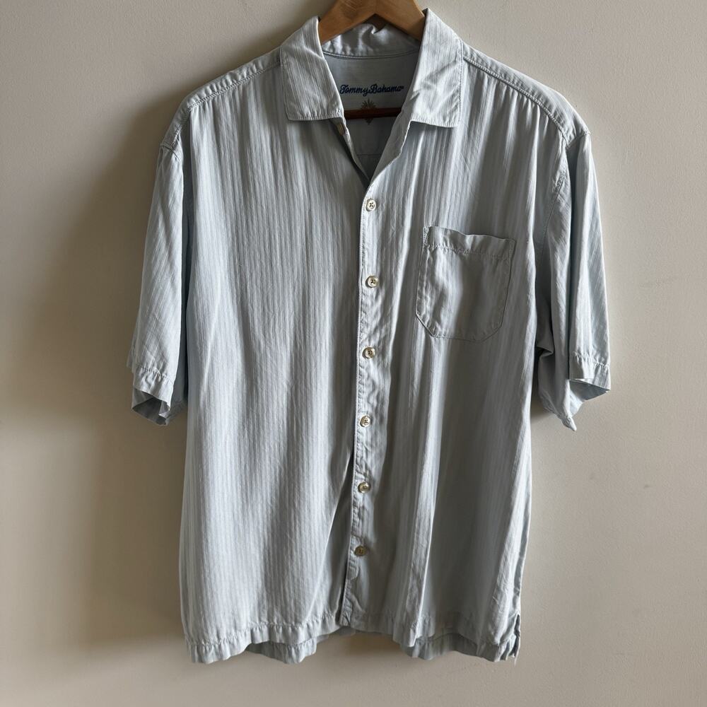 Tommy Bahama Men's L 100% Silk Camp Shirt Button Up Short Sleeve Pocket Relaxed